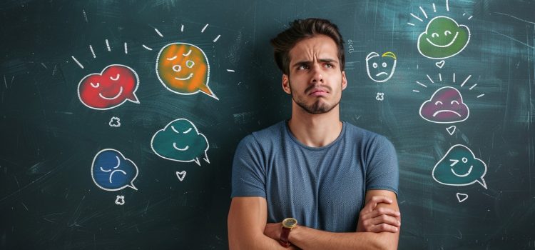 Why Emotional Repression in Men Is Such a Big Problem A stoic man standing in front of a chalkboard with thought bubbles of different emotions, showing emotional repression in men.