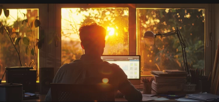 How COVID-19 Changed Our Lives (Schwab & Malleret) a man working on a computer at a home with trees and a setting sun outside the window depicts how COVID-19 changed our lives
