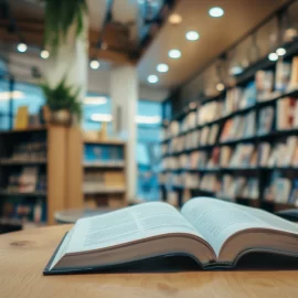 an open book lies on a table in a bookshop