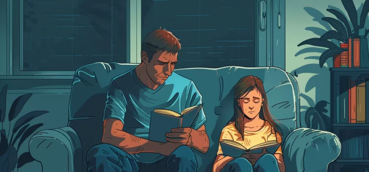 Parenting the New Teen in the Age of Anxiety: Book Overview A father and his teenager reading books together on the couch.
