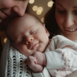 Parents smiling at their newborn baby, thinking about the best advice for new parents