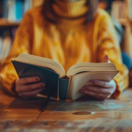 a woman wearing an orange turtleneck sweater is holding an open book and sitting next to other people reading in a library