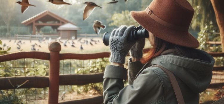 How to Live With Grief: 4 Gentle Tips From Megan Devine a young woman wearing warm clothes and looking at birds through binoculars illustrates how to live with grief