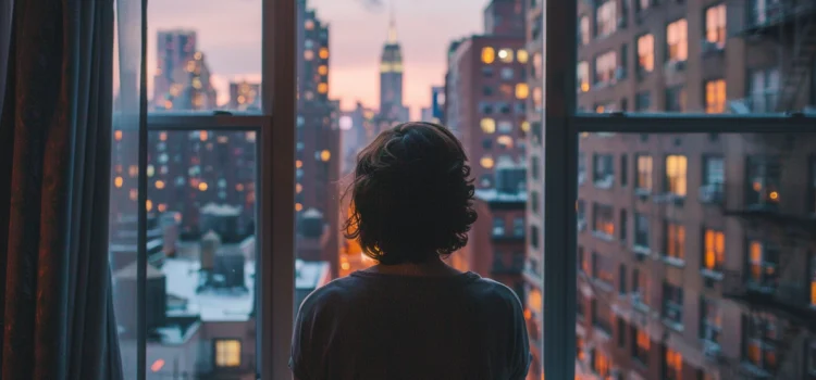 The 4 Major Disadvantages of City Life (The Nature Fix) A person looking out the window of a small city apartment building, displaying the disadvantages of city life