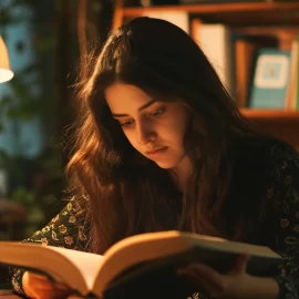 A woman reading a book in a library next to a lamp.