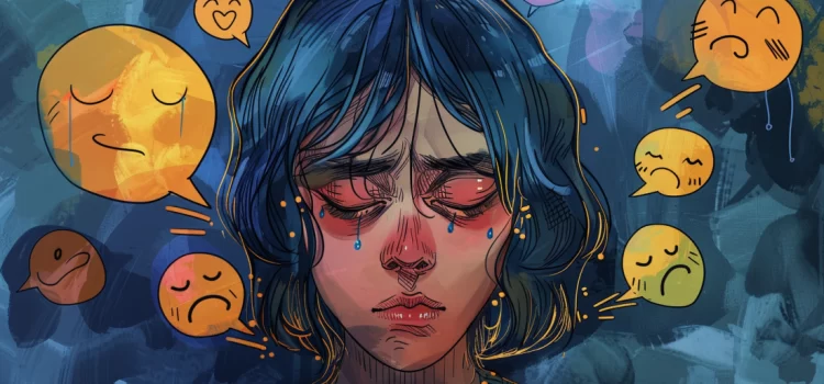 Teenage Mental Health Issues & Rising Suicide Rates A sad teenager with thought bubbles of negative emotions, representing teenage mental health issues.