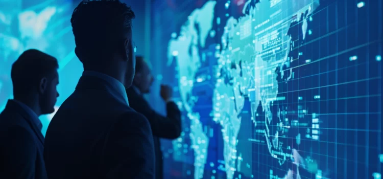 The Economic Impact of COVID-19 (Schwab & Malleret) three silhouetted people looking at a digital world map on the wall illustrate the economic impact of COVID-19