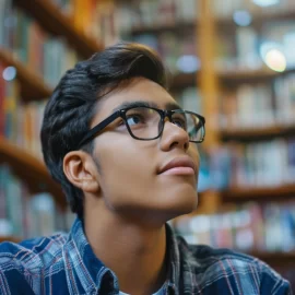 a male student in a library looks up thoughtfully, illustrating a focus on strengths-based development in school