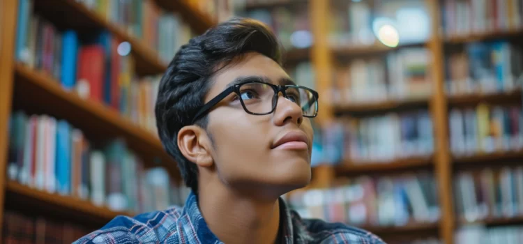Strengths-Based Development for Students: Use Your Edge a male student in a library looks up thoughtfully, illustrating a focus on strengths-based development in school