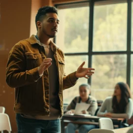 a young man speaking to a college classroom full of students illustrates strengths-based leadership as a student