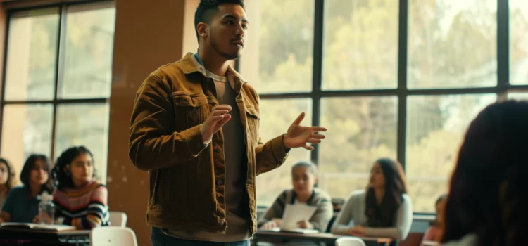 Strengths-Based Leadership as a Student: Tips From Gallup a young man speaking to a college classroom full of students illustrates strengths-based leadership as a student