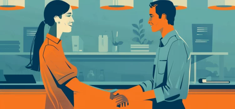 4 Strategies for How to Get Hired From a Job Interview A man and woman shaking hands, showing how to get hired after an interview