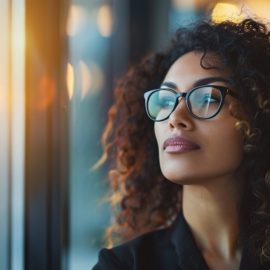 A confident woman looking out the window and embracing failure as a lesson.