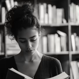 A black and white image of a woman reading a book in front of a bookshelf.
