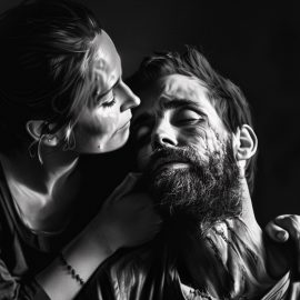A woman holding a man and supporting him, representing why men need women.