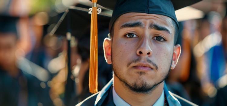 The Job Market for Ph.D.s: The Truth About Shrinking Prospects a graduate student wearing a cap and gown looks worried, illustrating a difficult job market for Ph.D.s