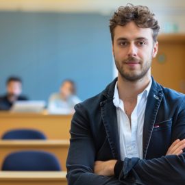 a young teacher in a college classroom classroom, with students behind him, illustrates how to become a university professor