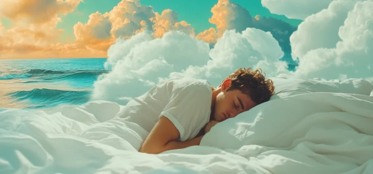 How to Lucid Dream for Beginners: The 4 Simple Steps A man sleeping in a bed surrounded by a lucid dream of the ocean