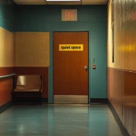 A door in a school hallway that says "quiet space" on it for people with autism disorder