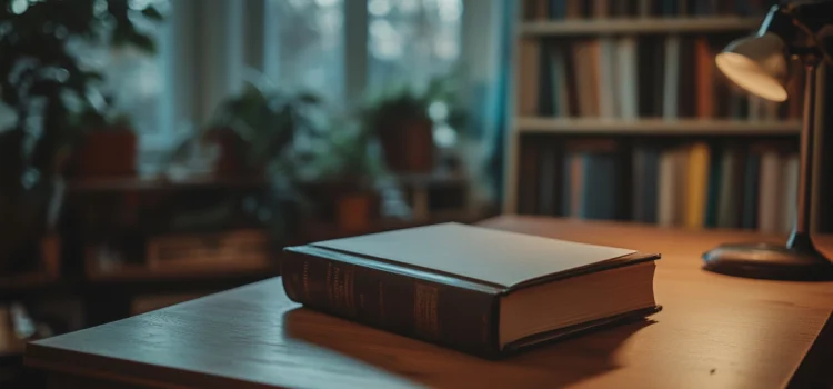 Solving the Procrastination Puzzle: Book Overview & Takeaways A blank book sitting on a desk next to a lamp