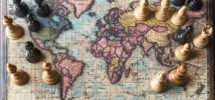 Dictatorial & Democratic Approaches to International Politics chess pieces on a world map illustrate different approaches to international politics