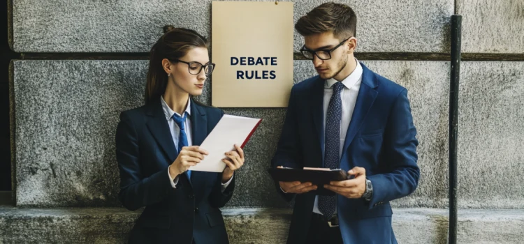 The 2 Main Principles of Debate (According to Trey Gowdy) Two people in professional attire looking over the principles of debate in front of a poster that reads "DEBATE RULES"