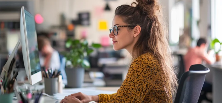Employee Leadership: A 3-Step Method to Take Initiative An employee smiling and working on the computer while practicing employee leadership