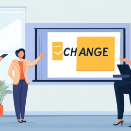 Two employees proposing change to their boss through a slideshow