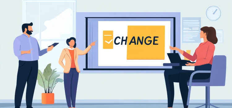 How Employees Should Propose Change to Their Bosses Two employees proposing change to their boss through a slideshow