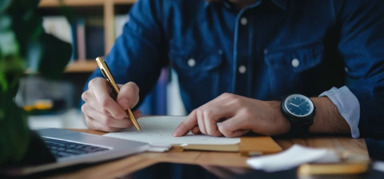 The Entrepreneur’s Schedule: Weekly & Annual Plans for Efficiency a man wearing a watch and sitting at a desk and writing on a calendar illustrates an entrepreneur's schedule