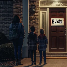 A mother and two children stand outside a house that has an "Evicted" sign on the door