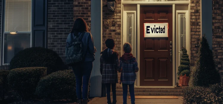 Evicted by Matthew Desmond: Book Overview and Exercises A mother and two children stand outside a house that has an "Evicted" sign on the door
