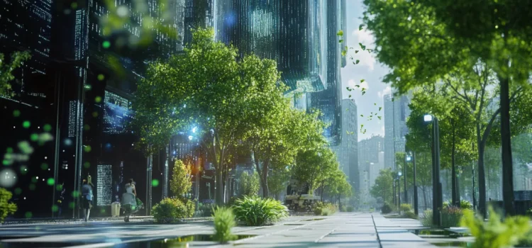 How Salesforce Is Getting Ready for the Fifth Industrial Revolution An advanced futuristic city during the Fifth Industrial Revolution that's full of greenery and trees