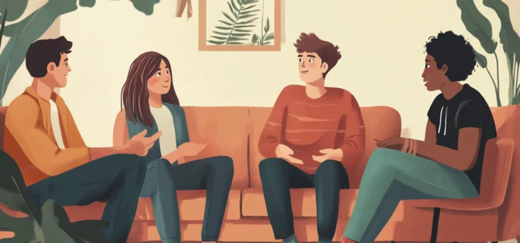 Autism and Communication: Why Social Interaction Is Difficult A group of friends communicating on a couch in a living room