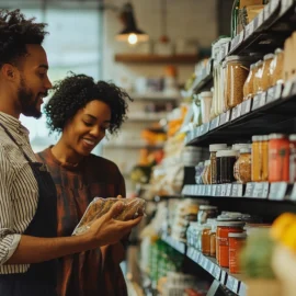 An employee helping a customer at the store to make her happy and improve customer experience