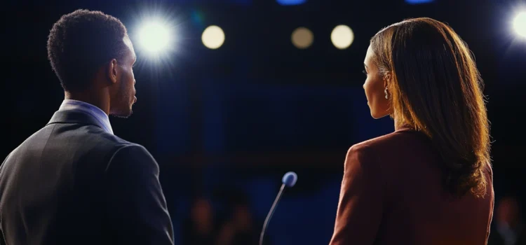 How to Perform Refutation in Debates to Undermine Arguments A speaker on stage at a podium, using a refutation in a debate against her opponent