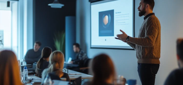 3 Tools of Influence: What Makes Pre-Suasion Possible a man giving a presentation in a conference room illustrates three tools of influence: language, images, and environments