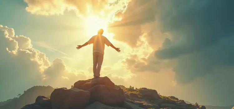 God’s Intervention: How He Steps in to Save Us in 2 Distinct Ways a man standing on top of a rocky mountain looking up as sun rays fill the sky illustrates God’s intervention