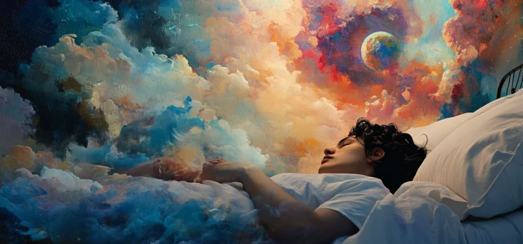 7 Benefits of Lucid Dreaming: Improve Your Life While You Sleep A man benefiting from lucid dreaming by imagining a galaxy painting