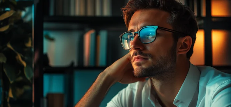 Work-Life Balance for Entrepreneurs: 3 Steps to Reclaim Time a young bearded man wearing glasses looking thoughtful in his home office illustrates work-life balance for entrepreneurs