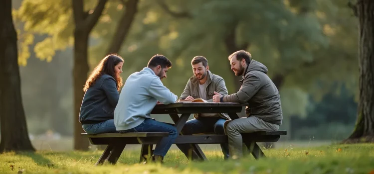 God Brings People Together: How Faith Forms & Fortifies Bonds A small group of people at a picnic table in a park studying the Bible illustrates how God brings people together