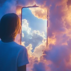 A person looking at themselves in the mirror surrounded by dream clouds