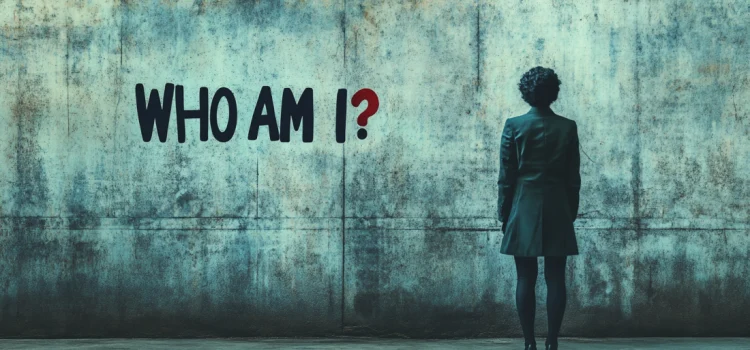 Identity and Leadership: Discovering Your Core Beliefs at Work A woman in business attire conflicted about identity and leadership, looking at a wall that reads "Who am I?"