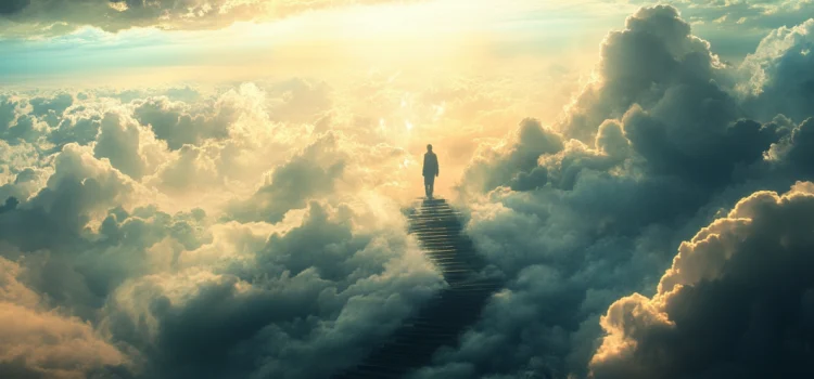 How Lucid Dreaming Can Be a Spiritual Experience A person having a spiritual lucid dream of themselves walking up stairs in the clouds