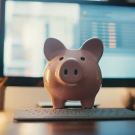 a piggy bank on a desktop computer in a home office illustrates how to monetize content