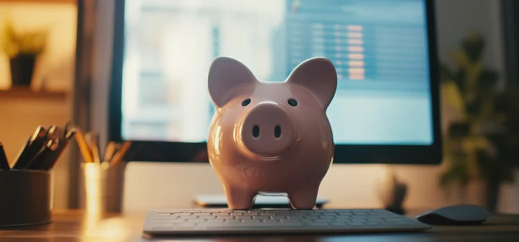 3 Ways to Monetize Content Online: Advice From Nicolas Cole a piggy bank on a desktop computer in a home office illustrates how to monetize content