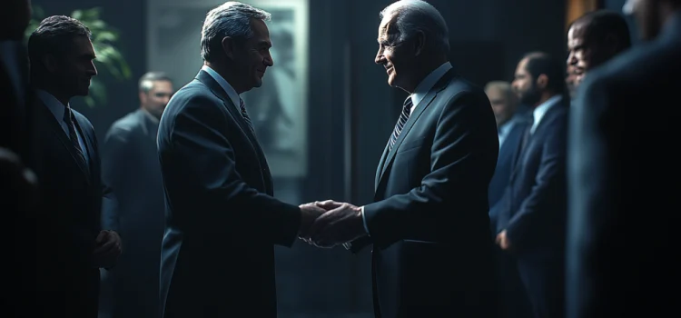 How a Decline of Democratic Standards Threatens Democracy two men in business suits warmly shaking hands as others stand nearby illustrate democratic standards