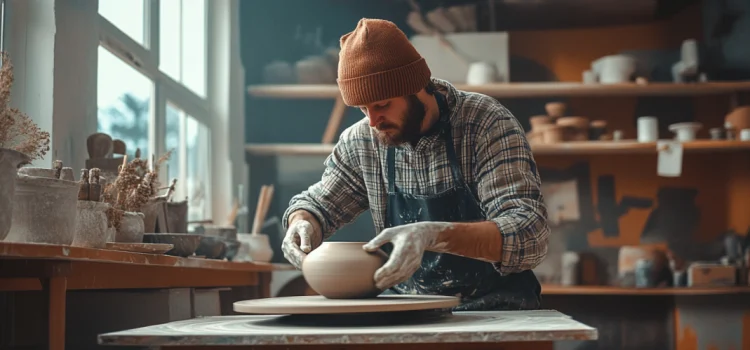Sensitivity and Creativity: How Art and Emotions Are Linked A pottery artist throwing pottery on a wheel in an art studio, he looks emotional