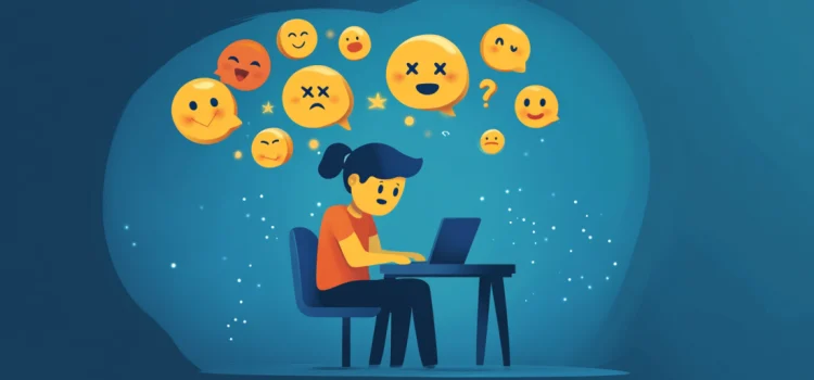 What Is the Real Meaning of Procrastination? A woman working at a computer with emotions in thought bubbles, representing the real meaning of procrastination