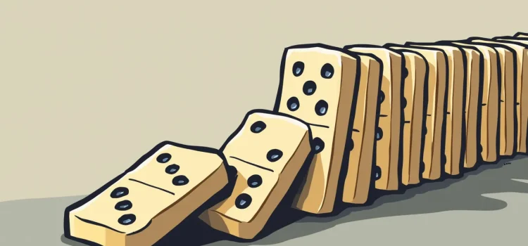 Robert Sapolsky Says Determinism—Not Free Will—Is Our Reality Dominoes in a row with the first ones starting to fall, depicting the domino effect and Robert Sapolsky's determinism theory
